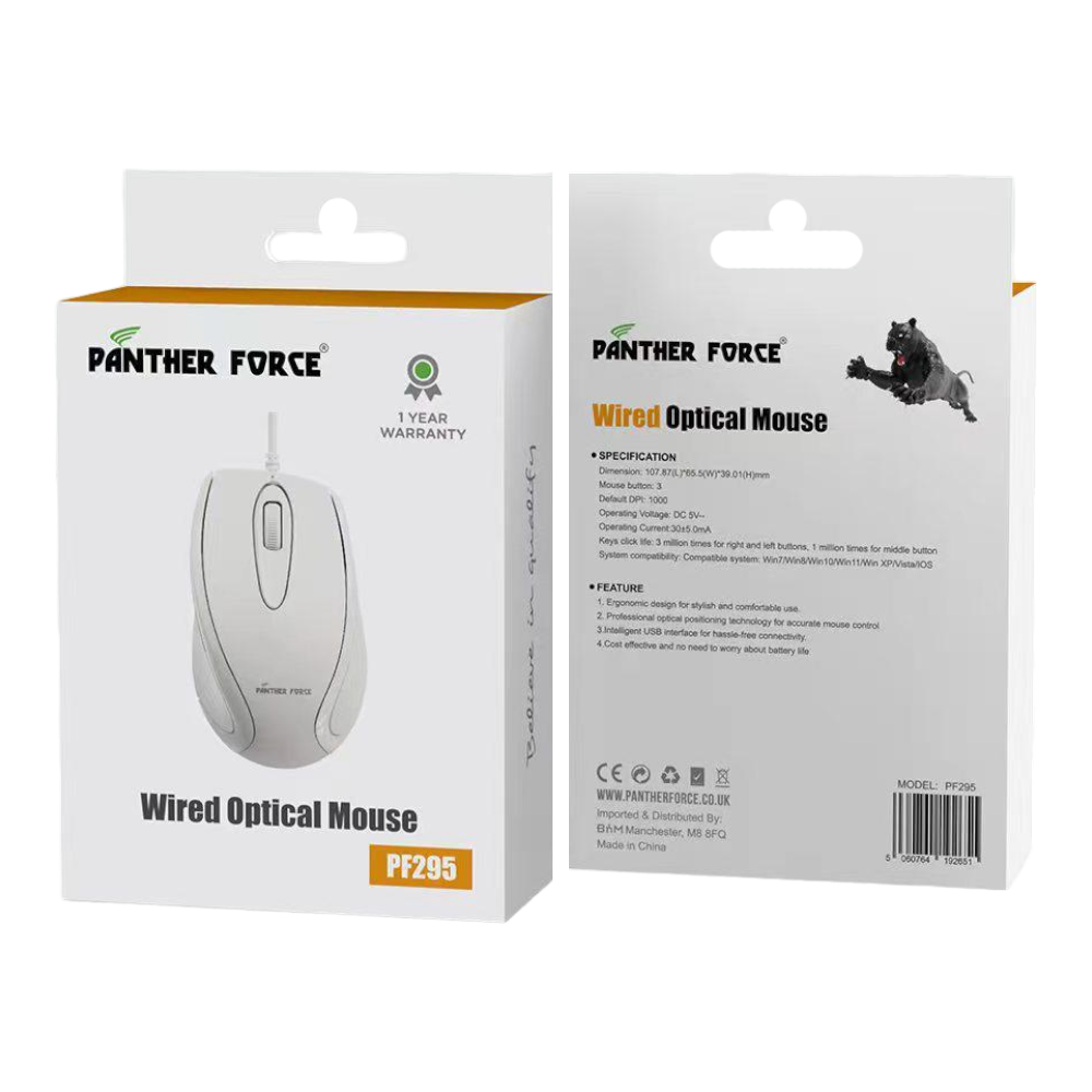 Panther Force Wired Optical Mouse - PF295 | High-Precision Tracking, Ergonomic Design, Durable Build, Plug-and-Play Simplicity Panther Force Wired Optical Mouse - PF295 | High-Precision Tracking, Ergonomic Design, Durable Build, Plug-and-Play Simplicity